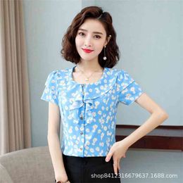 Summer Korean Fashion Chiffon Women Shirts Office Lady Short Sleeve Blouse Plus Size 5XL Ladies Tops 210531