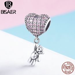 BISAER 925 Sterling Silver Heart Love Crystal Balloon Bear Charms Beads fit Valentines Bracelets Sterling Silver Jewellery ECC1054 Q0531