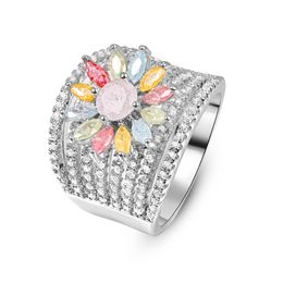 LUALA Luxury Ice Flower Rings For Women New Colourful AAA Zircon Gold Silver Colour Anniversary Gift Jewellery Engagement Band Ring X0715