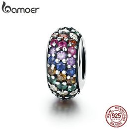 BAMOER Fashion New Genuine 925 Sterling Silver Rainbow Colourful Zircon Spacer Beads fit Charm Bracelet DIY Jewellery Making SCC583 Q0531