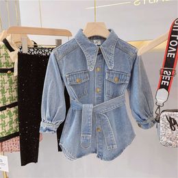 2019 Girl Kids Denim Belt Dress Jacket Spring Autumn Jeans Dresses Casual Jackets Children Clothes Outfits Q0716