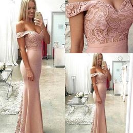 Blush Pink Satin Mermaid Prom Dresses Off the Shoulder Lace Applique Top Open Back Sweep Train Formal Evening Gowns