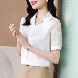 Fashion Women's Shirt White Button Blouses for Women Embroidered Female Tops Polo Neck Office Lady Woman Basic s 210604