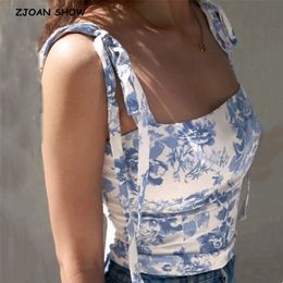 Tie Bow Strap Blue White Floral Print Camis Women Summer Ruched Short Tank Tops Retro Cool Girl Sexy Slim Crop Top Tees 210625