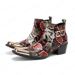 Fashion Snake Pattern Club Party Men Boots Square Toe Ankle Boots Zipper Motorcycle Cowboy Short Boots Dress Shoe