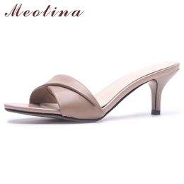Meotina Summer Slippers Women Shoes Natural Genuine Leather Thin High Heels Shoes Cow Leather Open Toe Slides Lady Sandals 34-39 210608