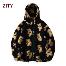 Cartoon Bear Fleece Hooded Jacket Casual Oversized Hoodie Female Zip Up Sweatshirt Teddy Coat Warm Hoodies Couple Clothes 211220