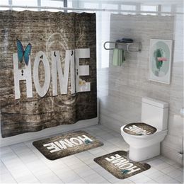 Shower Curtains 4pcs/set Bathroom Mat Set Anti-slip Bath Coral Fleece Wood Grain Curtain Floor Washable Toilet Rug