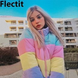 Flectit Lazy Pastel Puffer Jacket With Hood Warm Padded Coat Women Winter Rainbow Bomber Jacket Harajuku * Y201006