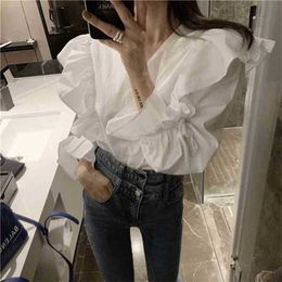 Sexy Solid Streetwear Tops Vintage Chic Fashion Full Sleeves V-Neck High Waist Shirts All-Match Brief Blouses 210525