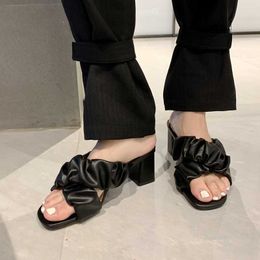 ALLBITEFO size 34-42 Fold design genuine leather Sheepskin insole women sandals heels summer women slippers street flip flops 210611