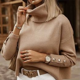 Plus Size Womens Sweaters Fashion Women's Turtleneck Pullovers Button Long Sleeve Loose Knitted Sweater Tops for Women 211011