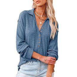 Autumn Winter Henley Shirt Casual V Neck Long Sleeve Button Down Ribbed Knit Tops Solid Vintage Loose Pullover Shirt 220307