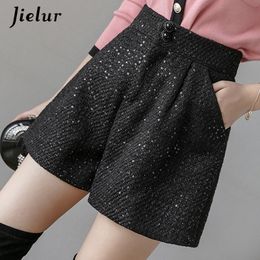 Jielur Women Shorts Autumn Winter Slim High Waist Shorts Black Womens Sequin Chic Korean Pockets Short Trousers S-XXL 210317