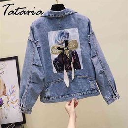 Women Embroidery Flowers Denim Jacket Turn-down Collar Jean for Loose Casual Ripped Holes Coat Female Outwear 210818