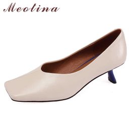 Meotina Women Pumps Genuine Leather Mid Heel Glove Shoes Square Toe Thin Heels Dress Footwear Female Autumn Black Large Size 40 210608
