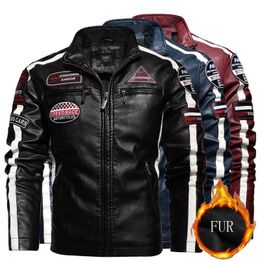 Men Fall/Winter Fleece Motorcycle Faux Leathe Jacket Stitching Color Embroidery Slim Biker Jacket Casual Men's Clothing Chaqueta 211009