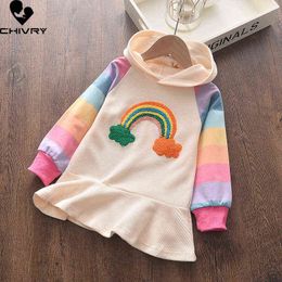 Spring Autumn 2022 Baby Girl Cartoon Rainbow Embroidery Long Sleeve Hooded Sweatshirt Dress Kids Girls Fashion Dresses Clothing G1215