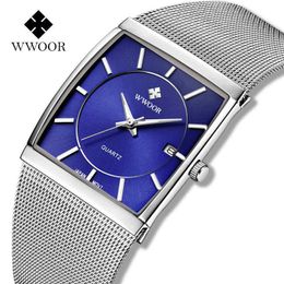 Wwoor Mens Square Assista Luxo Azul Slim Quartz Negócios Relógios Para Homens Malha De Aço Luminosa Relógio Impermeável Relogios Masculino 210527