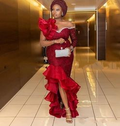 Sexy Dark Red Aso Ebi Mermaid Evening Dresses Wear Nigerian Styles Lace Appliques High Low Ruffles Formal Party Gowns Plus Size Prom Dress African Robe De