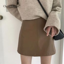 Skirts Cherry Chesse Vintage Women PU Skirt Zipper Empire A Line Mini Female Autumn Winter