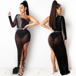 2021 Women's Black Perspective Irregular Long Style Sexy Night Club Fashionable Set auger Round Collar European And American Diamond Dresses