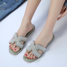 Slippers 2021 Women's Slipper Outer Wear Summer Super Trend Pearl Crystal Holiday Girls Flats All-match Sandals Size 34-43