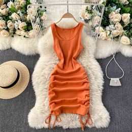 Casual Summer Women Dress Solid O-neck Sleeveless Drawstring Ruched Mini Bodycon Streetwear Rib Knit 210603