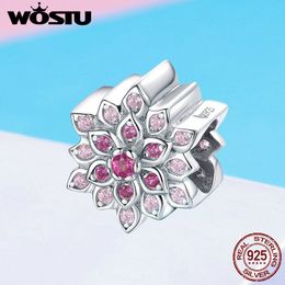 WOSTU Fashion 925 Sterling Silver Lotus Flower Red Beads Fit Bracelet Charms Pendant For Women Love Gift Silver Jewellery FNC038 Q0531