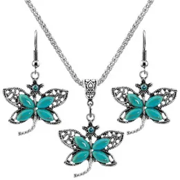 Earrings & Necklace FYJS Unique Silver Plated Dragonfly Shape Green Turquoises Stone Pendant Dangle For Women Jewellery Sets