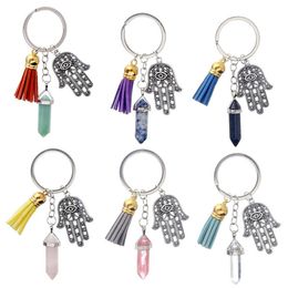 Fashion Accessories Natural Crystal Hexagonal Column Fatima Evil Eye Palm Key Chain Pendant Earring Set