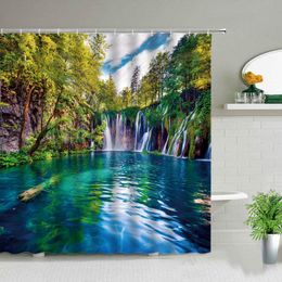 Shower Curtains Landscape Forest Trees Green Plants Waterfall 3D Print Waterproof Background Decor Cloth Bathroom Curtain Set