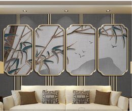 New Chinese style bamboo ink painting distant mountain bird golden embossed line wallpapers background wall
