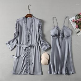 Women's Sleepwear FZSLCYIYI Sexy Back Hollow Lace Trim Robe Set Womens 2PCS Nightshirts Sleep Suit Silky Homewear Nightdress Negligee