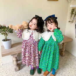 Fashion Cotton Floral Dress For Baby Girl Spring Kids Lace Lapel Collar Long Sleeve Girls Casual Princess es 210615