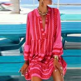 V-Neck Bohemain Dresses Women Summer Short Sleeve Striped Mini Dress Party Short Beach Dress Casual Loose Sundress Female Dress T200603