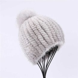 100% real mink fur hat women winter knitted beanie Russian Girls cap with pom poms thick female Elastic 211228