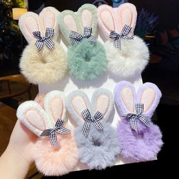 2022 New Girls Faux Fur Scrunchie Winter Plush Hair Rope cute Rabbit Ears Ponytail Holder Elastic Hair Bands Hair Accessories