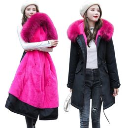 Fashion Velvet Liner Winter Jacket Women Big Fur Belt Hooded Down Parkas Female Coat Slim Warm Outwear 210819