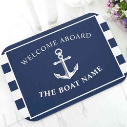 Chic Nautical Anchor Boat Navy Blue Stripes Personalised Doormat Modern Custom Your Boat Name Rubber Door Mat Rug Carpet Decor 211109