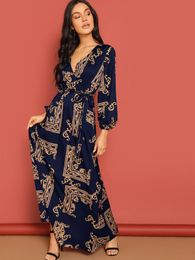 Baroque Print Belted Wrap Maxi Dress SHE