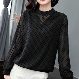 Plus Size Chiffon Blouses Women Casual Shirt New Korean Style Fashion Lace Polka Dot Elegant Ladies Tops And Blouses 210303