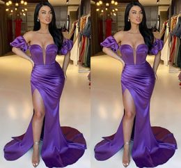 Duabi Sexy Arabic Purple Plus Size Mermaid Prom Dresses Floor Length Off Shoulder Pleats Draped High Side Split Formal Evening Gowns Wear Custom Made