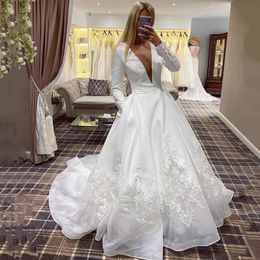 Long Sleeves Wedding Dresses with Pockets Jewel Neck Sweep Train Lace Appliqued Lace-up Back Satin Bridal Gowns