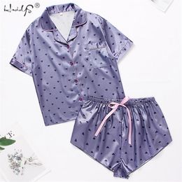 Women Silk Satin Pajamas Set Short Sleeve Shorts Suit Button-Down Printing Sleepwear Loungewear Pyjamas Mujer Homewear 210830