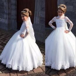 2021 White Flower Girls Dresses Long Sleeves High Neck Lace Appliques Flowers Girl Dress Teens Kid Wear Birthday Party Communion Gowns