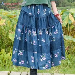 Aelegantmis High Quality Chinese Style Linen Printed Beach Long Skirt Women Ethnic Vintage Big Hem Plus Size Summer s 210607