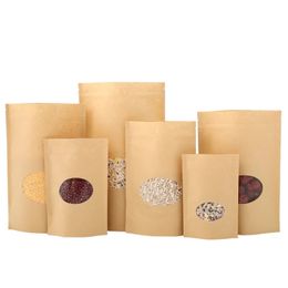 Kraft Paper Bags Stand Up Reusable Seal Food Pouches with Transparent Window Empty Food Pouches for Storing Cookie Dried Food Snack