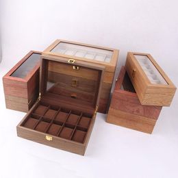 Watch Boxes & Cases Luxury Wooden Box Case Holder Stand Casket Display Storage Organiser 12 Seats Square Buckle Lock Present Cabinet