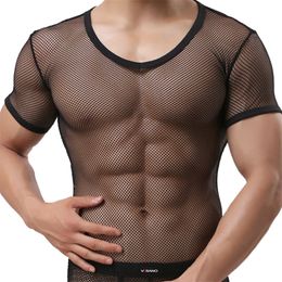 Transparent Mesh Fabric Sexy Men T Shirt See Through Tops Tees Man Tshirt V Neck Singlet Gay Male Casual Clothes T-shirt 210311